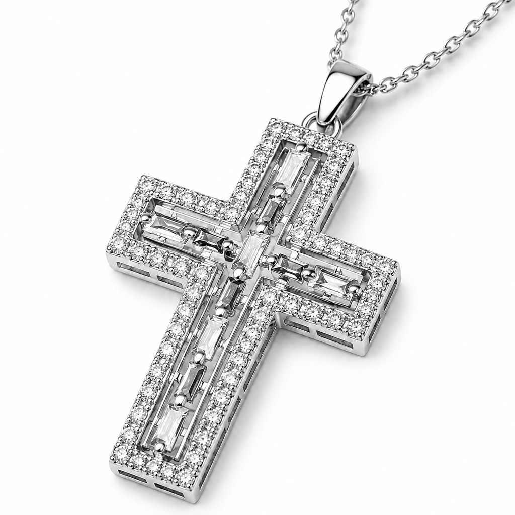 Collana Croce AUREX CROSS  Collana in Acciaio Inossidabile con Croce Pavé di Zirconi e Taglio Baguette