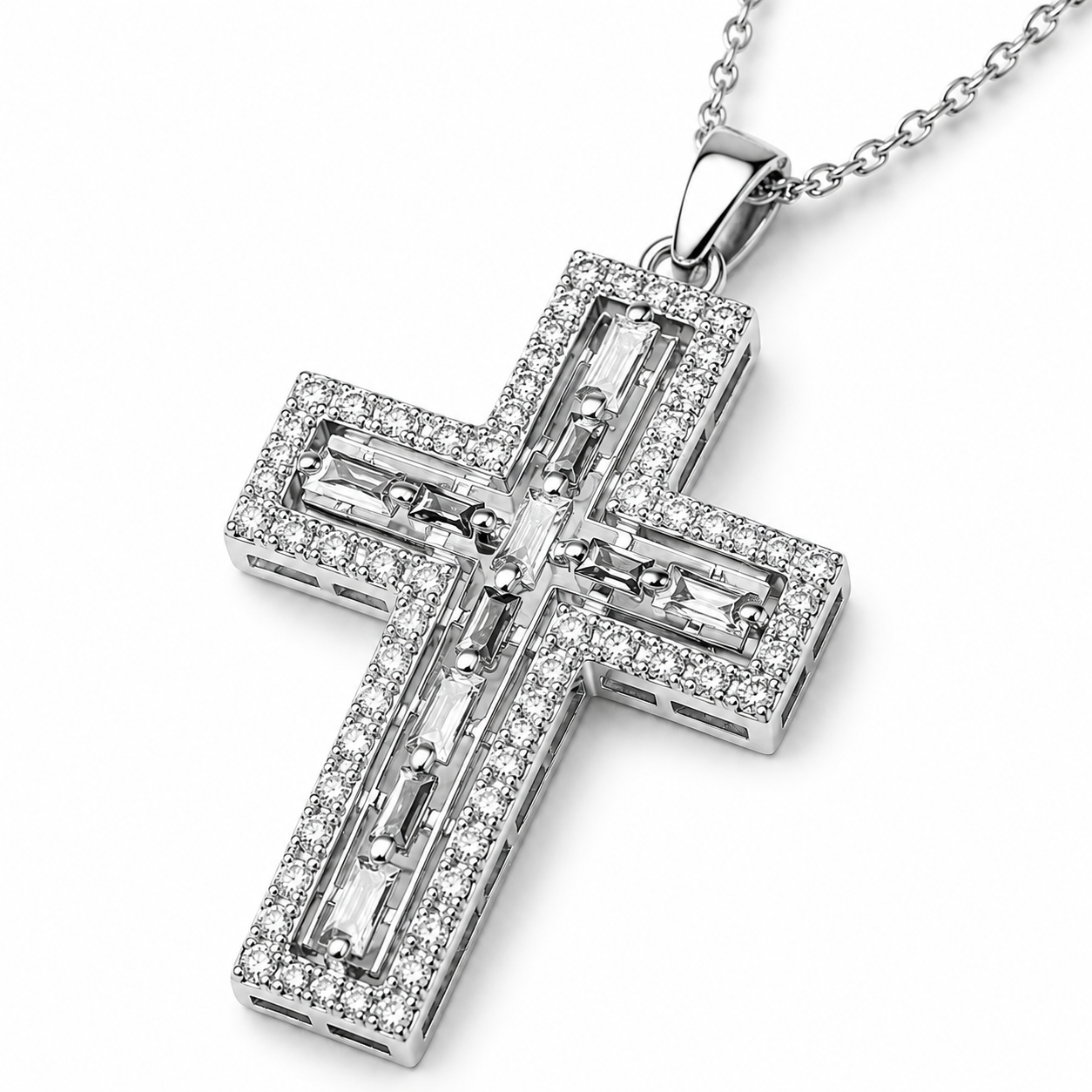 Collana Croce AUREX CROSS  Collana in Acciaio Inossidabile con Croce Pavé di Zirconi e Taglio Baguette