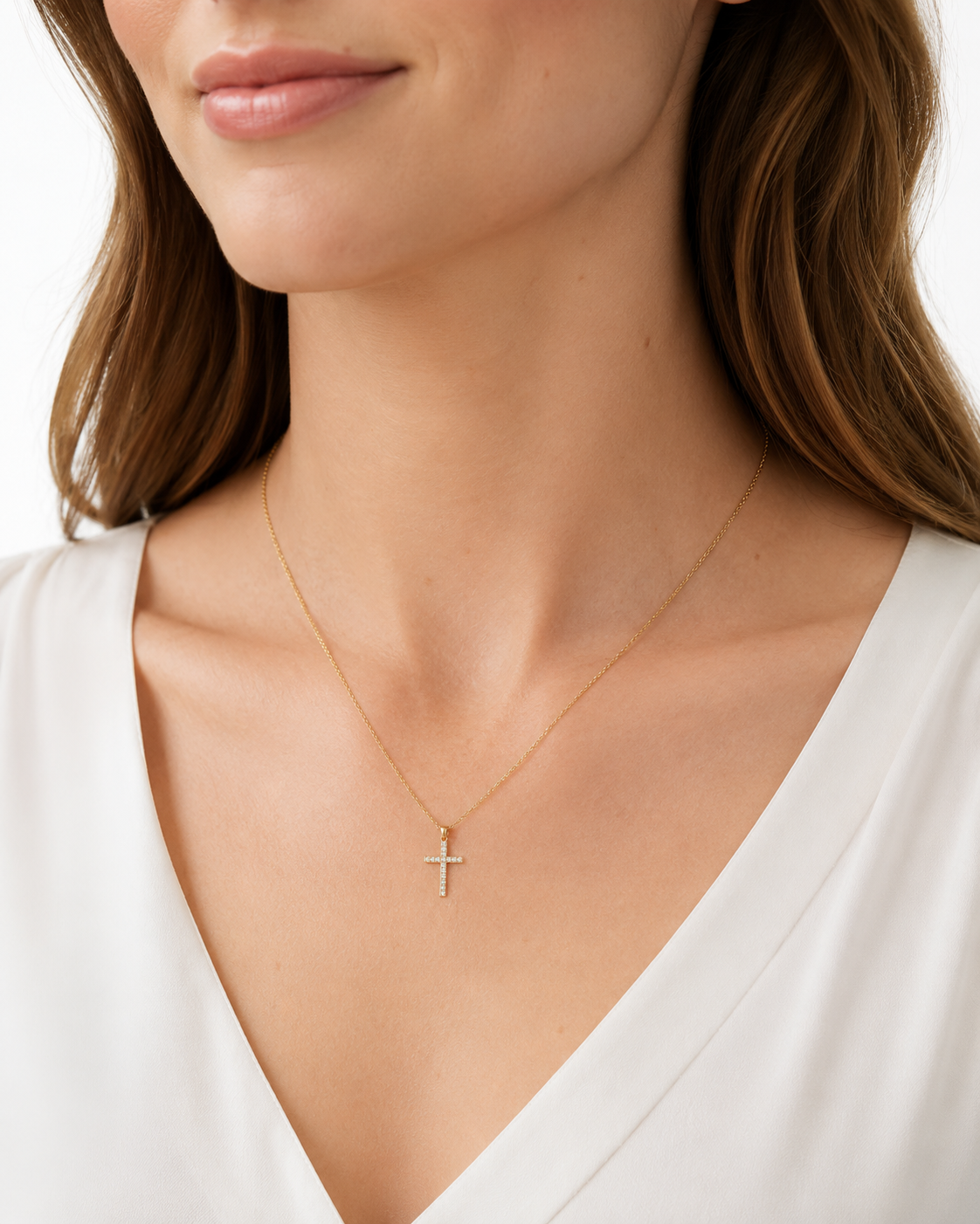 LUCE FINE — Collana Croce Dorata in Acciaio Inossidabile con Cristalli Luminosi