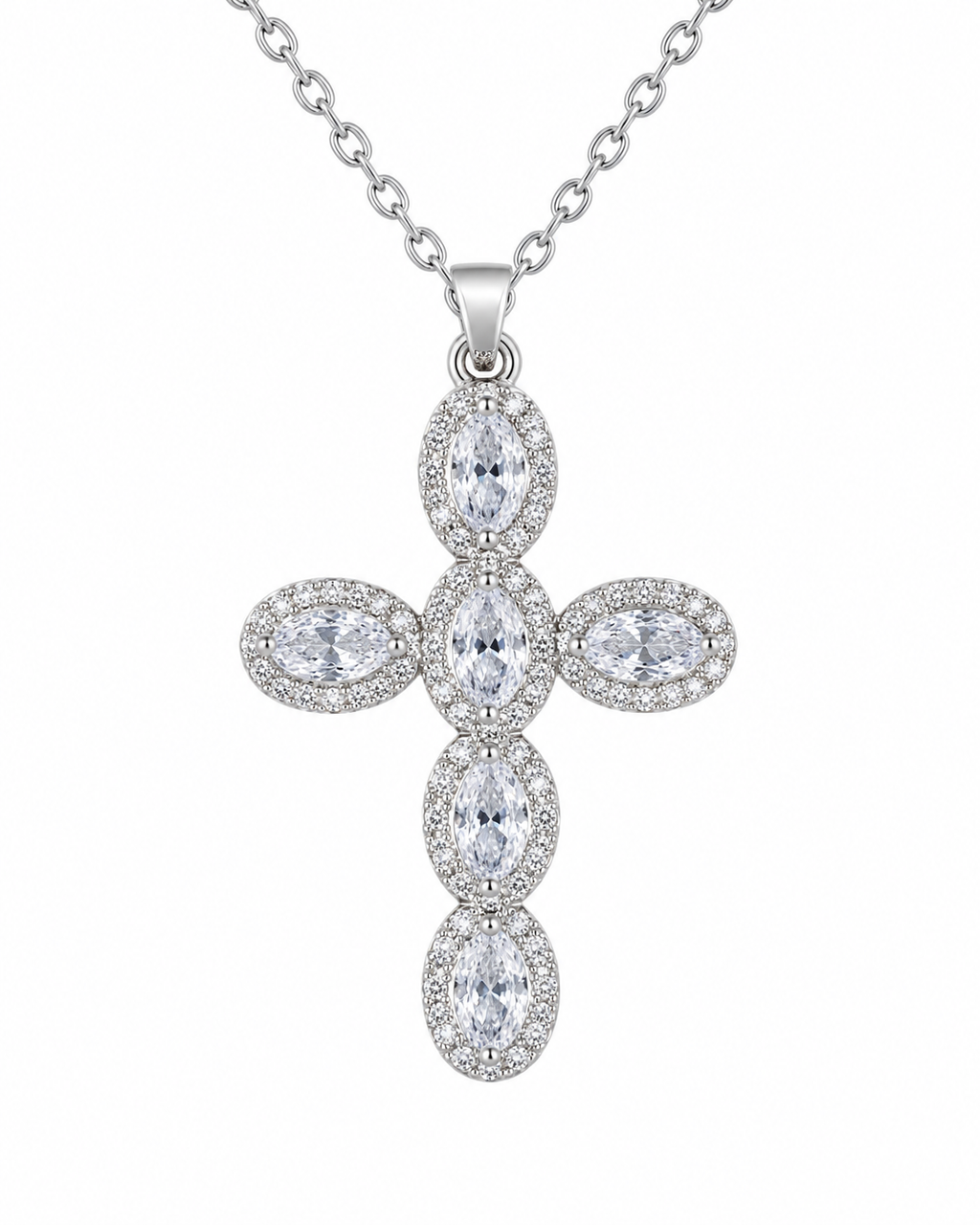 LUXE SILVER — Collana Croce Argento in Acciaio Inossidabile con Cristalli Marquise