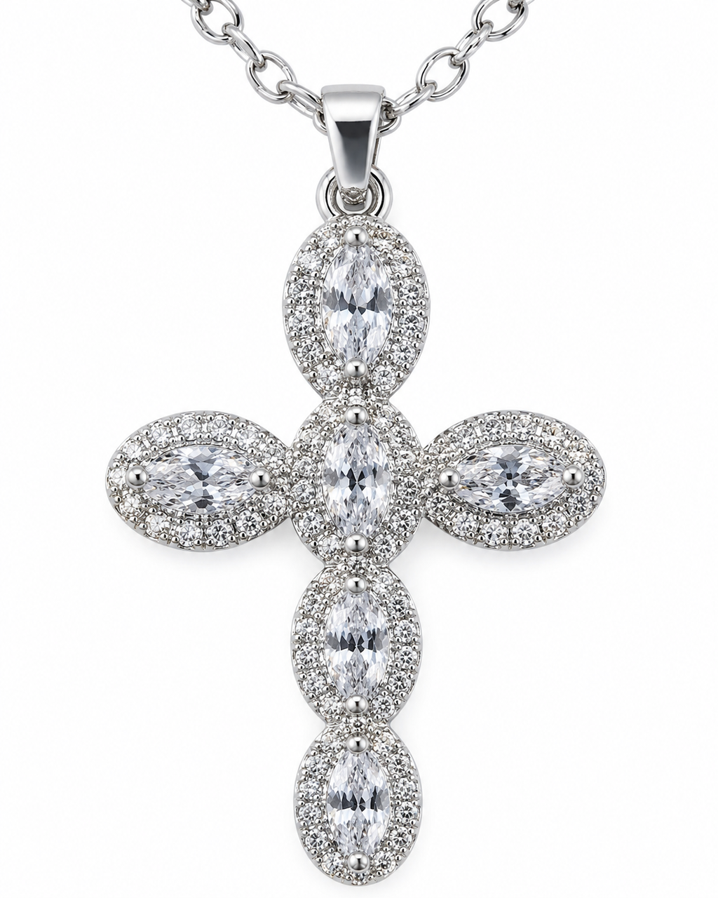 LUXE SILVER — Collana Croce Argento in Acciaio Inossidabile con Cristalli Marquise