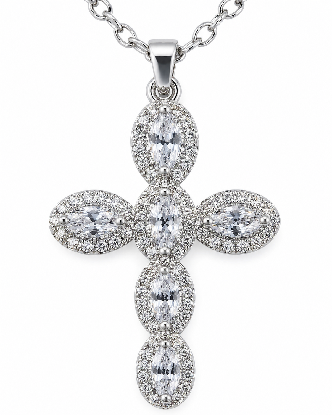 LUXE SILVER — Collana Croce Argento in Acciaio Inossidabile con Cristalli Marquise