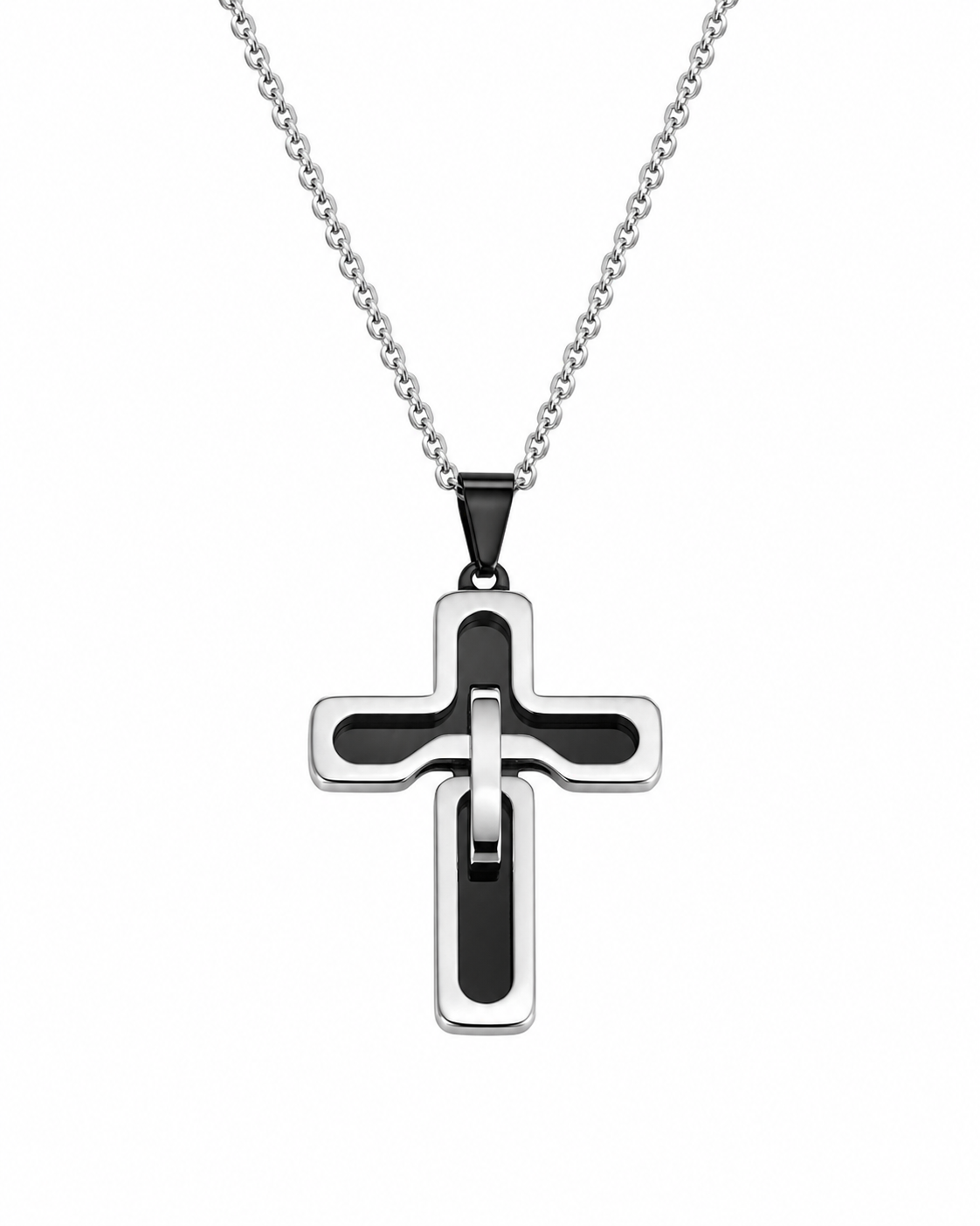 ELEGANCE BLACK SILVER - Collana Croce Argento in Acciaio Inossidabile 316L con Inserto Nero Lucido