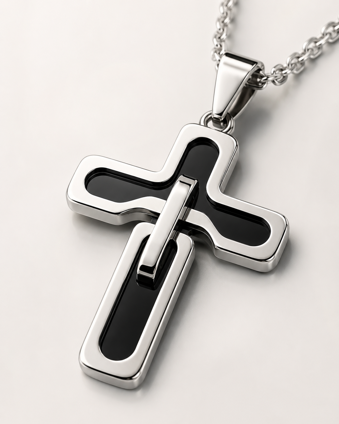 ELEGANCE BLACK SILVER - Collana Croce Argento in Acciaio Inossidabile 316L con Inserto Nero Lucido