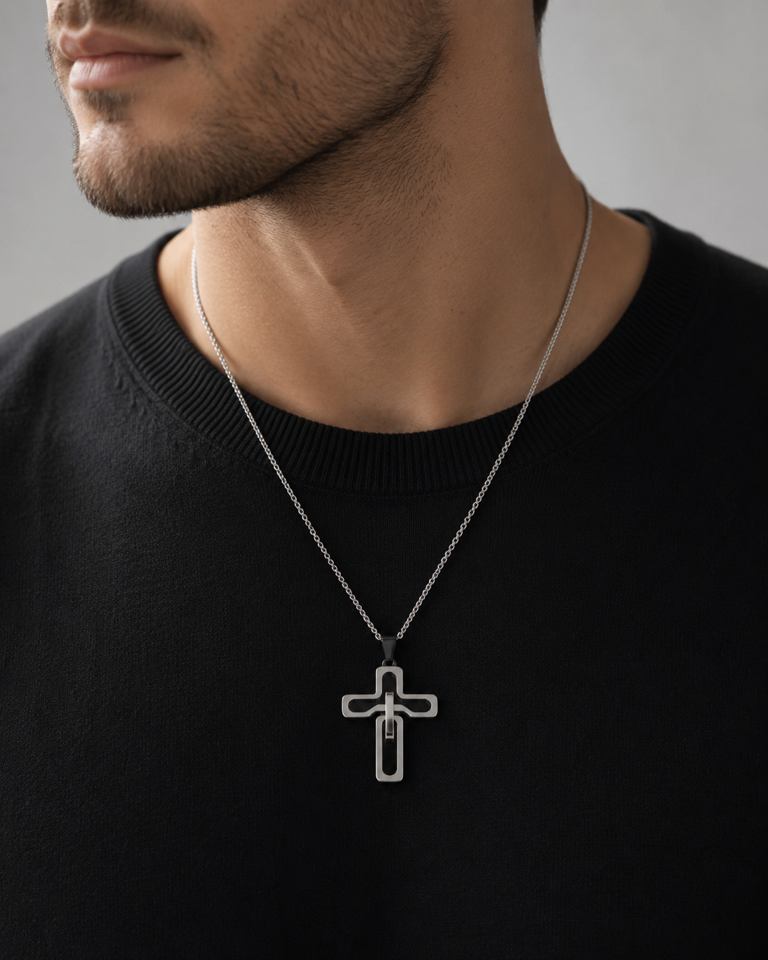 ELEGANCE BLACK SILVER - Collana Croce Argento in Acciaio Inossidabile 316L con Inserto Nero Lucido