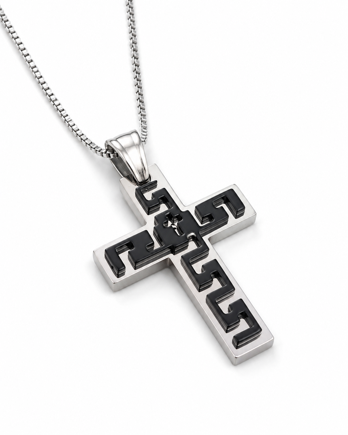 CROCE 3D ELEGANCE - Croce Geometrica in Acciaio 316L Argento con Inserti Neri Tridimensionali