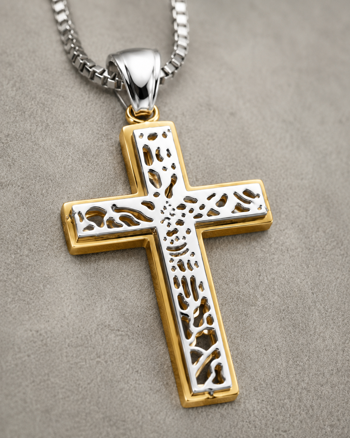 CROCE SILVER/GOLD - Croce traforata bicolore in acciaio 316L