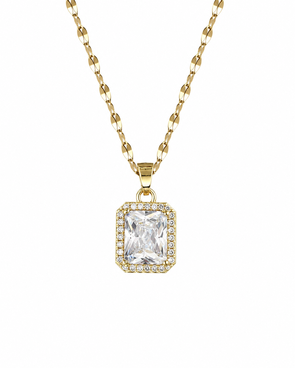 CRYSTAL ONE – Collana Dorata in Acciaio Inossidabile con Zircone Rettangolare e Cornice Luminosa