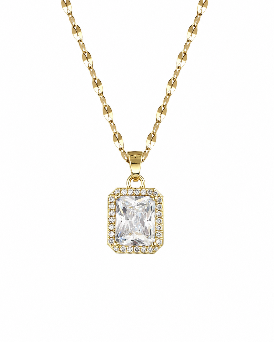 CRYSTAL ONE – Collana Dorata in Acciaio Inossidabile con Zircone Rettangolare e Cornice Luminosa