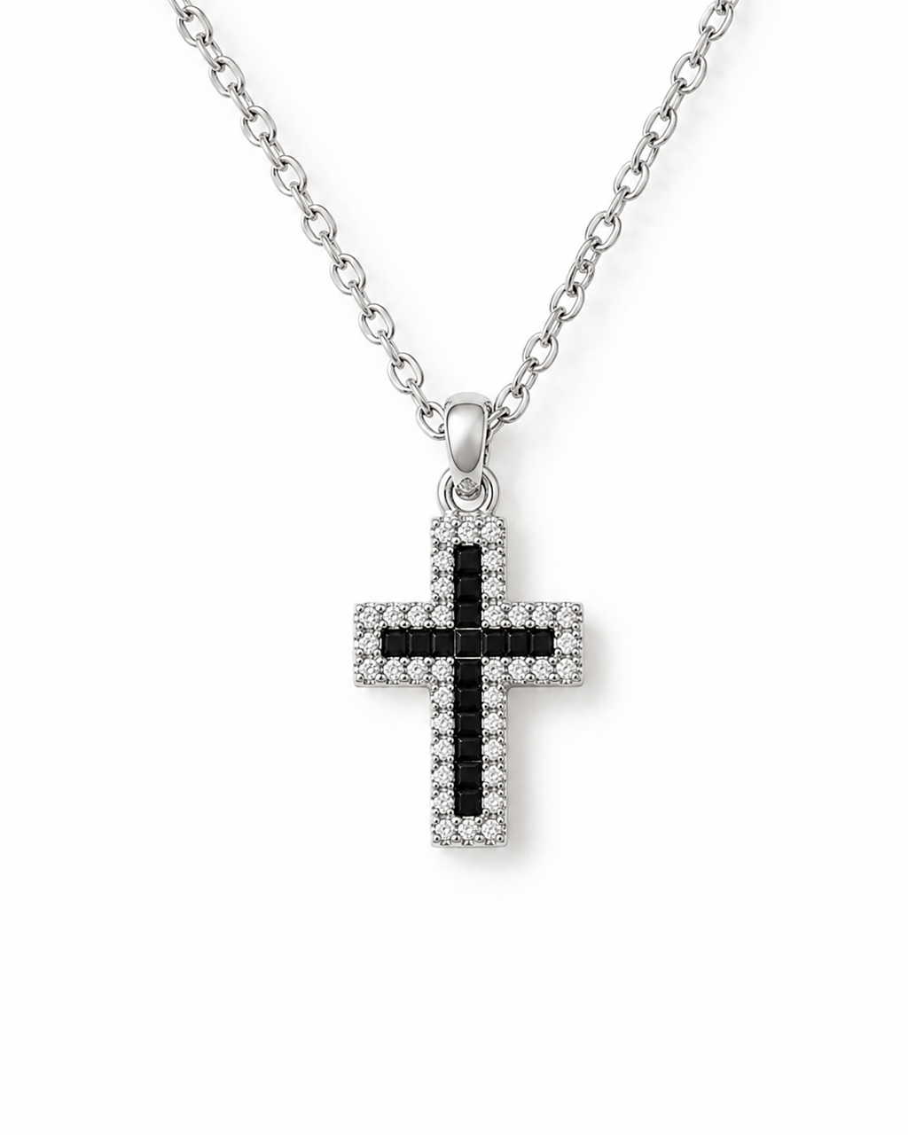 CROCE BLACK — Collana Croce Argento in Acciaio Inossidabile con Pietre Nere e Cristalli Luminosi