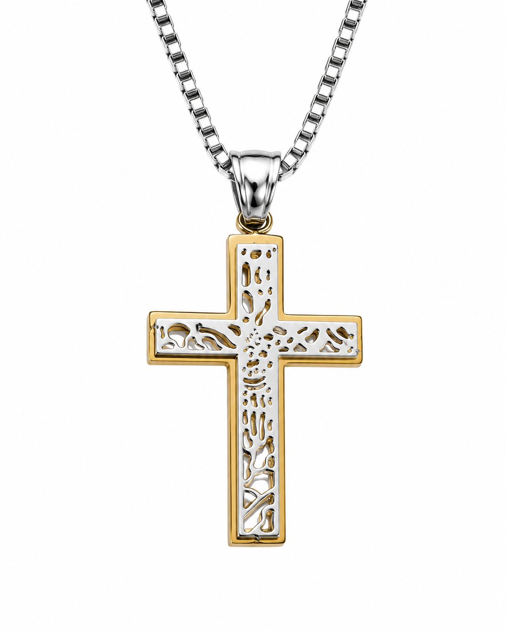 CROCE SILVER/GOLD - Croce traforata bicolore in acciaio 316L
