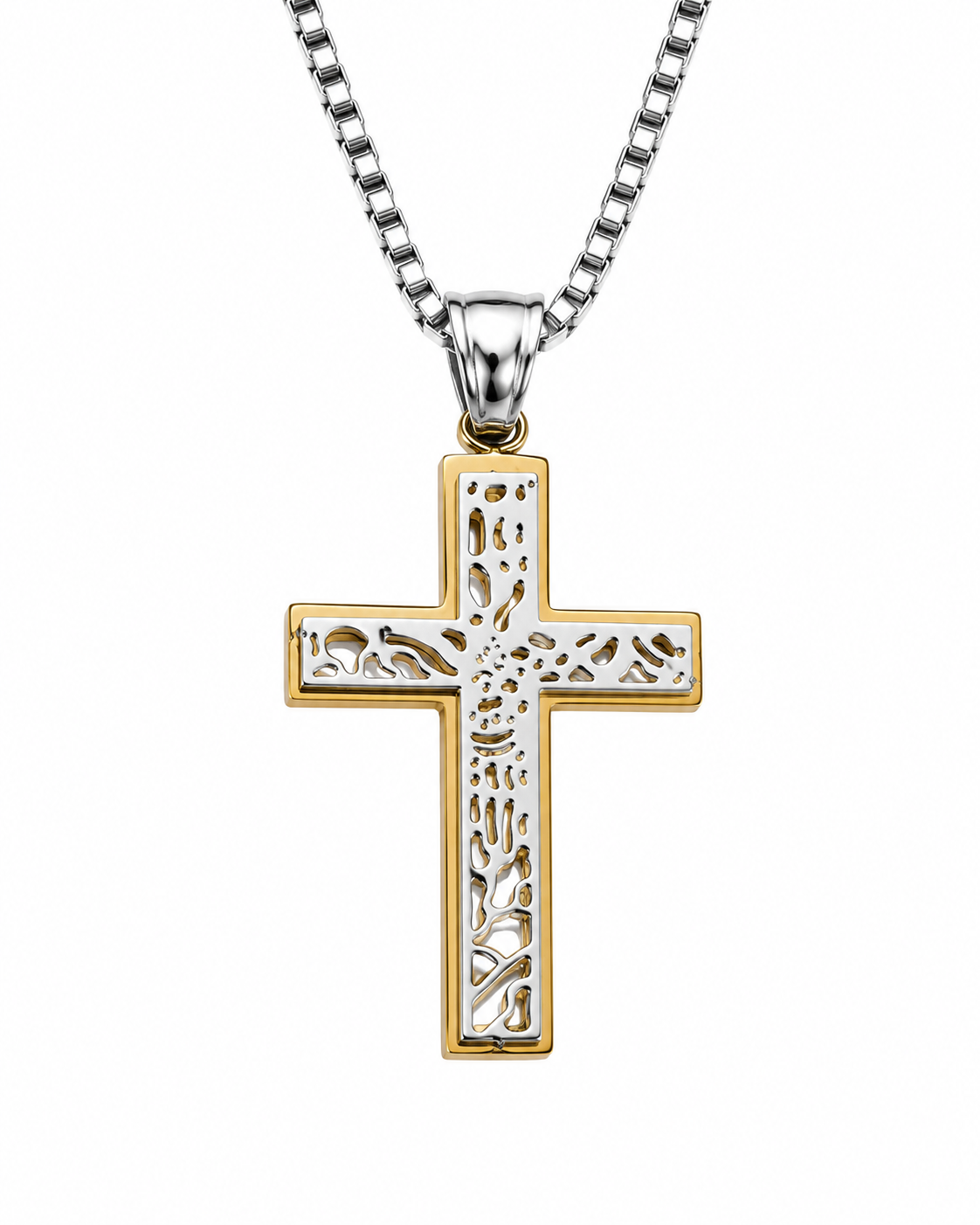 CROCE SILVER/GOLD - Croce traforata bicolore in acciaio 316L