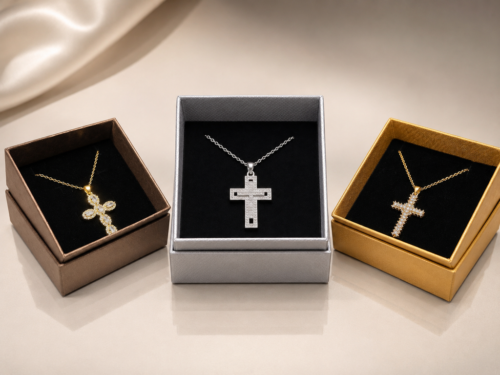 LUXE GOLD — Collana Croce Dorata in Acciaio Inossidabile con Cristalli Marquise