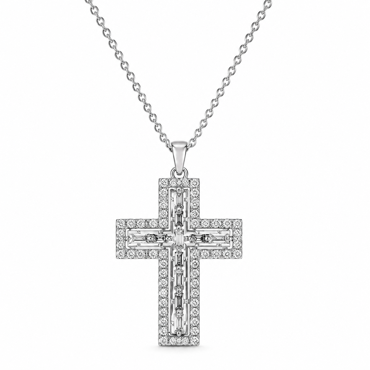 Collana Croce AUREX CROSS  Collana in Acciaio Inossidabile con Croce Pavé di Zirconi e Taglio Baguette