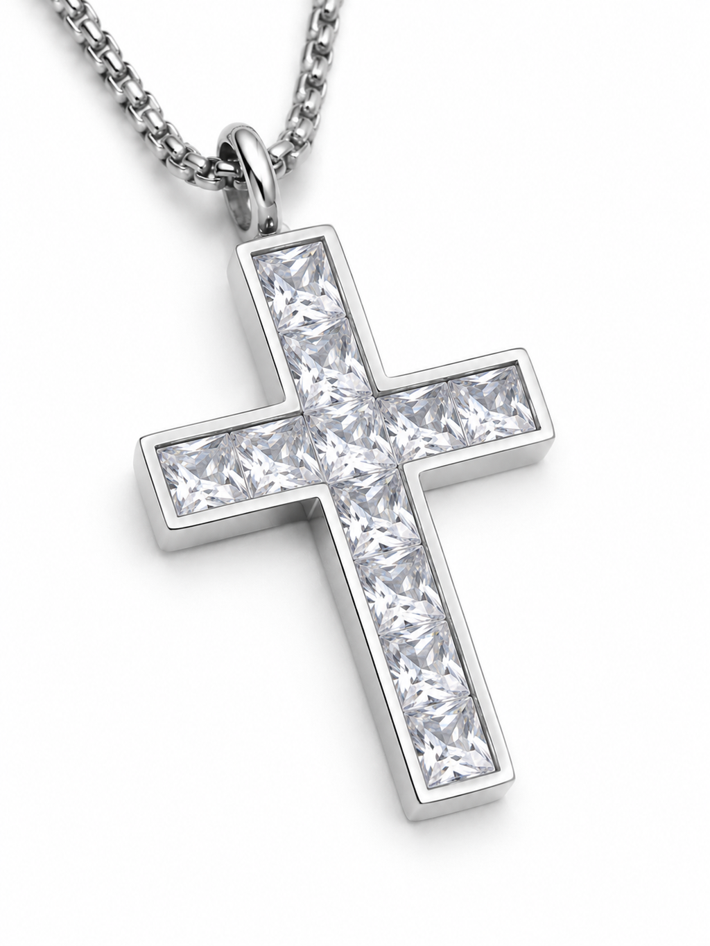 CRYSTAL CROSS - Collana Uomo in Acciaio Inossidabile con Croce di Zirconi Geometrici