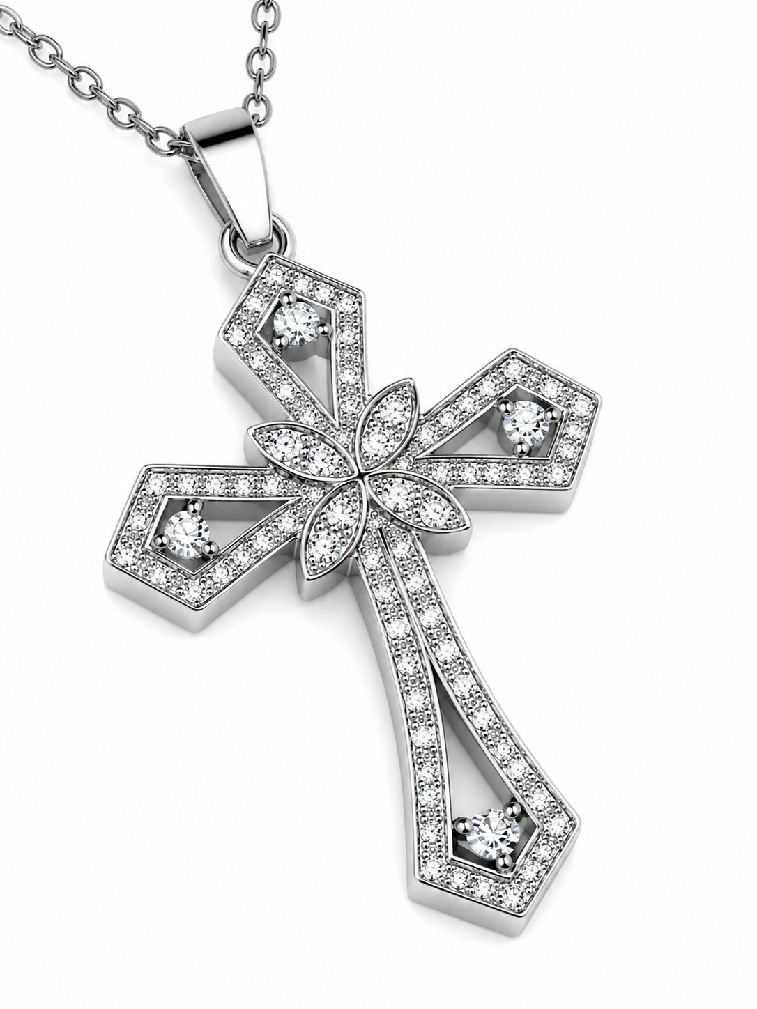 Collana Croce EVELYN GRACE  Collana in Acciaio Inossidabile con Croce Floreale Pavé di Zirconi