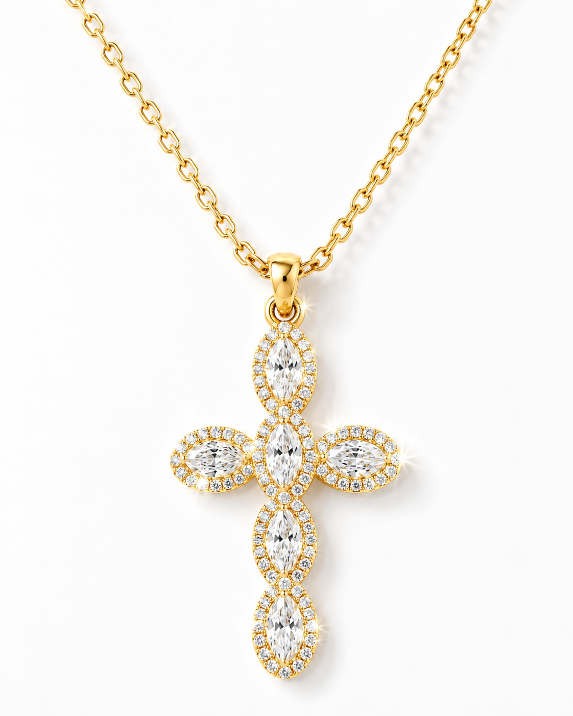 LUXE GOLD — Collana Croce Dorata in Acciaio Inossidabile con Cristalli Marquise